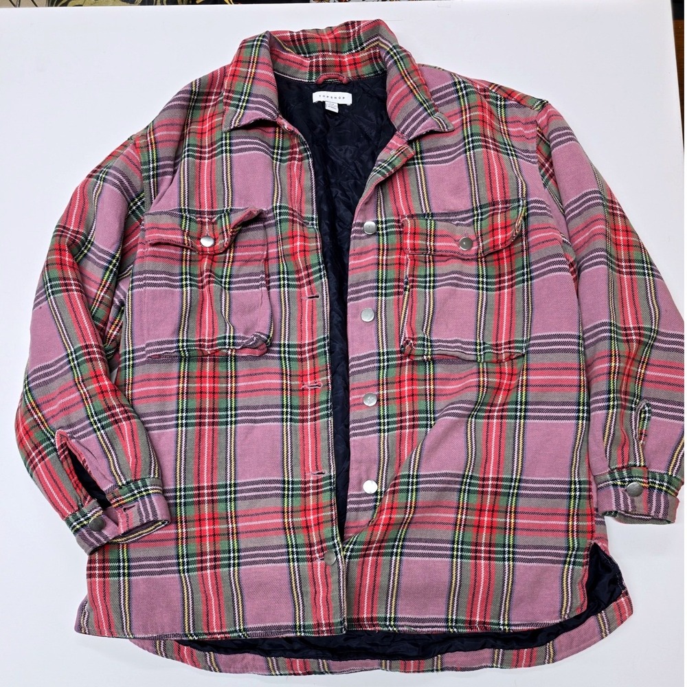 Topshop Womens Pink Plaid Quilted Lined Shacket Jacket Medium US 8-10